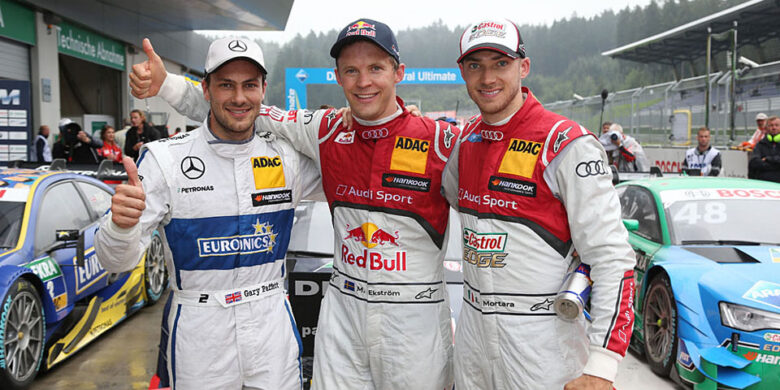 Nedělní závod DTM na Red Bull Ringu – stříbrný Gary Paffett (#2, Mercedes-AMG C 63 DTM), zlatý Mattias Ekström (#5) a bronzový Edoardo Mortara (#48), oba na Audi RS5 DTM
