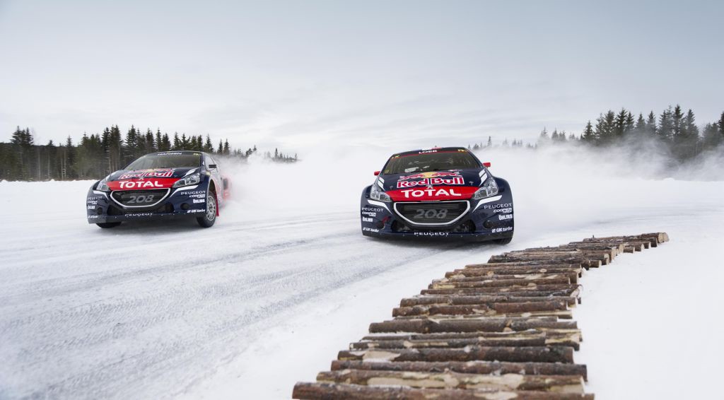 Sebastien Loeb and Timmy Hansen perform at Rallycross on Ice 2016 in Åre, Sweden on March 17, 2016.