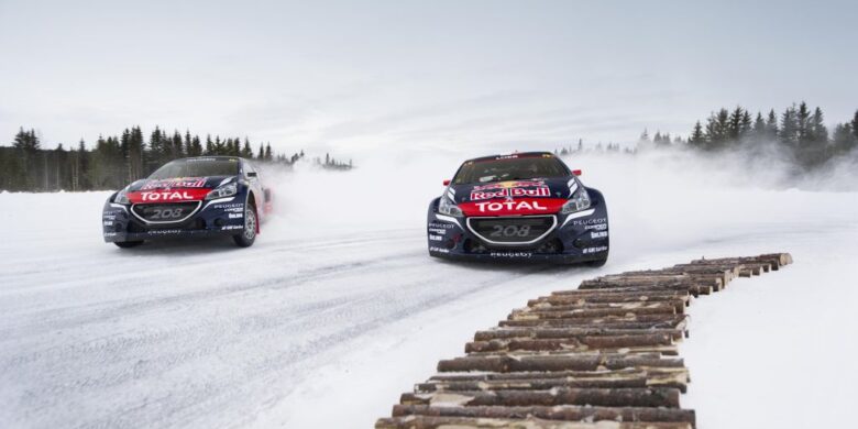 Sebastien Loeb and Timmy Hansen perform at Rallycross on Ice 2016 in Åre, Sweden on March 17, 2016.